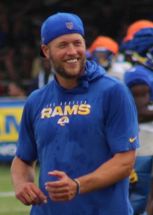 Matthew Stafford as seen while smiling in a still taken during the Los Angeles Rams training camp at UC Irvine on July 31, 2023